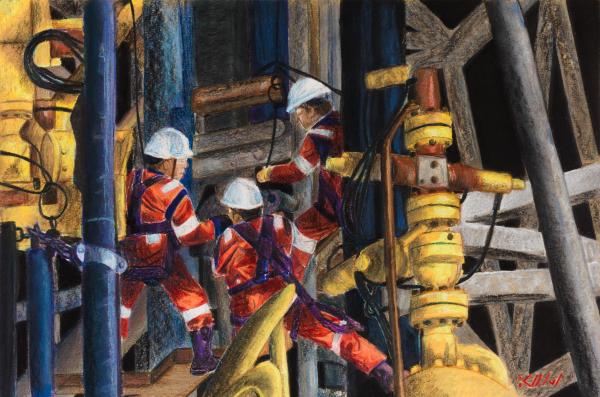 SIEM Offshore drilling crew working on the drill aboard the JOIDES Resolution 2024 Chalk Pastel