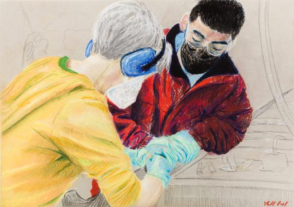 Pulling a Gas Sample from Core on the Catwalk ft. Co-chief, Rachel Flecker, and Chem Lab Specialist, Oscar Cavazos 2023 Chalk Pastel