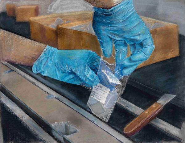 Placing a Sample in a Labeled Bag 2024 Chalk Pastel 50 x 64cm