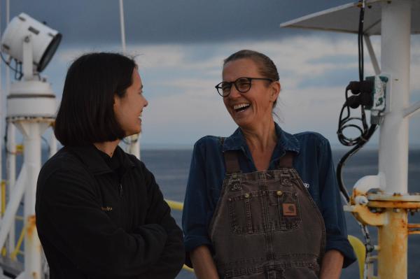 Clara Blättler (left) and Johanna Suhonen (right) on the steel beach enjoying the sunrise