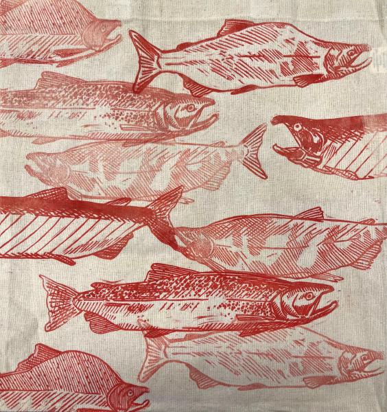 Pacific Northwest Salmon 2025 Block Print — Canvas Cloth 16×15″